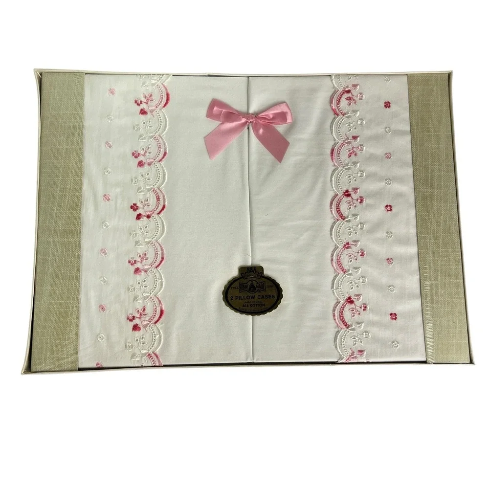 Vintage Gloria Gray Pillowcase Gift Set New Sealed Pink‎ Embroidered Lace Floral